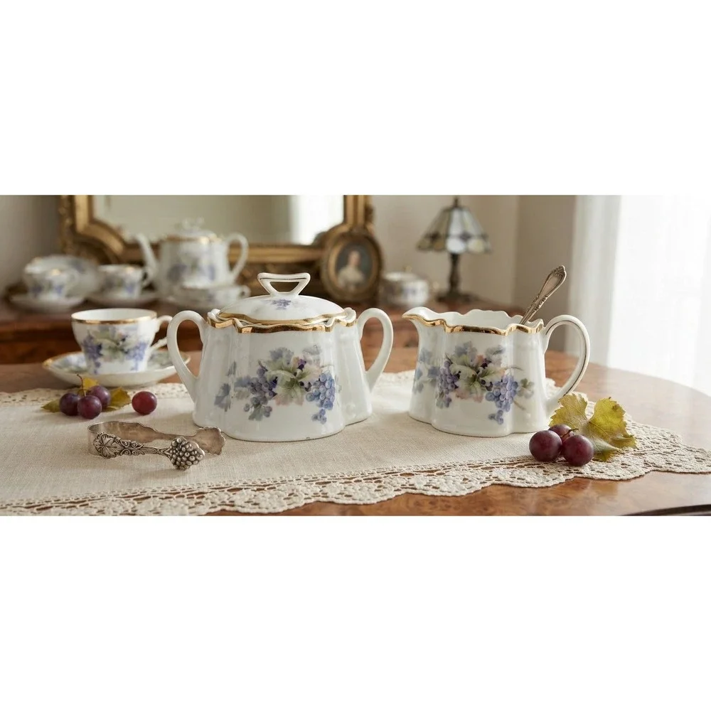 Antique ZS & Co Bavaria Porcelain Sugar Bowl and Creamer Set Gilt Grapes c. 1900